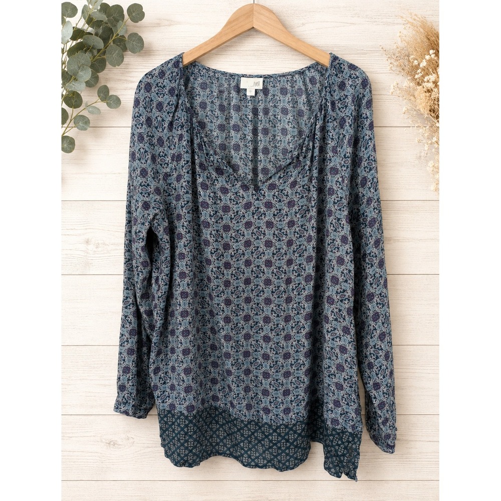 J. Jill Blouse Women L Blue Floral Medallion Long Sleeve Rayon Peasant Blouse